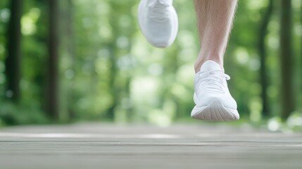 Running Man Feet in White Sneakers, Forest Path, Active Lifestyle, Fitness, Outdoors