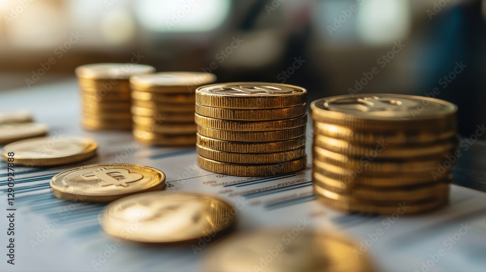 Poster close-up of a stack of coins displaying different denominations highlighting financial growth and we