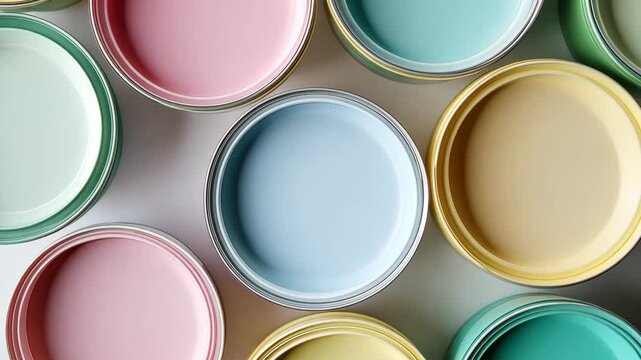 Top view of group of an open paint can filled with colored paint	