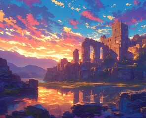 Obraz premium Castle fortress at sunrise over calm lake and colorful sky, anime style