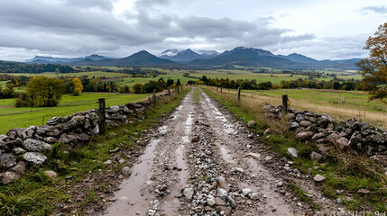 Mountain view along muddy rural road
