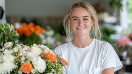 Florist smiling, flower shop, bouquet, business portrait