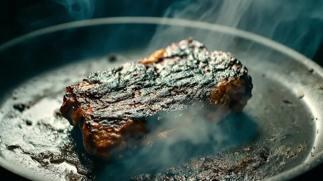 A piece of grilled meat in a frying pan, burnt to beyond being edible, Grilled meat overcooked has been left on the heat for too long, Dry and unappealing	