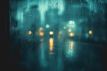 Rainy night scene with city lights reflecting on wet pavement and raindrops falling