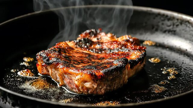 A piece of grilled meat in a frying pan, burnt to beyond being edible, Grilled meat overcooked has been left on the heat for too long, Dry and unappealing	