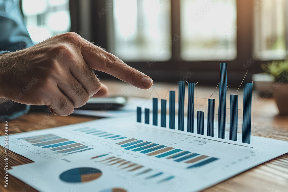 Poster man in formal attire pointing at a financial chart on a table during a business meeting or presentat