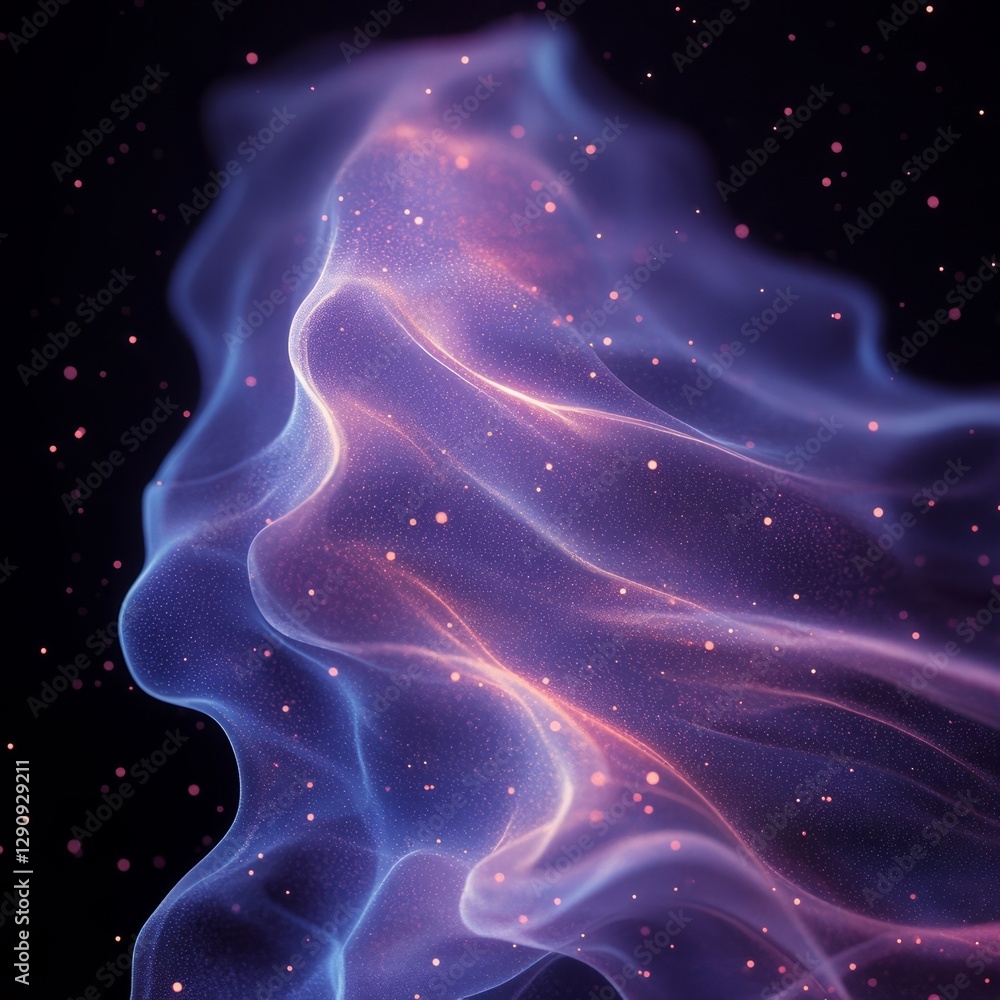 Poster a synchronized movement of 75 glowing particles, gently floating through space in one direction, emi