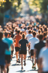 Diverse group of people participating in charity walk or run for World Health Day blurred background