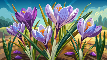 Fototapeta premium Medium shot of early springtime crocus blooms with a closeup narrow depth of field