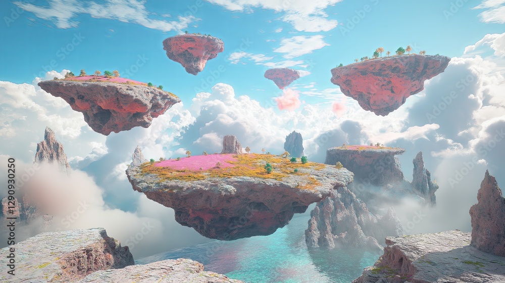 Poster An abstract 3D landscape with surreal floating islands. 