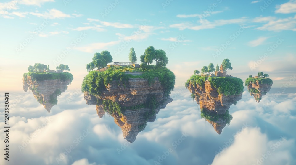 Poster An abstract 3D landscape with surreal floating islands. 