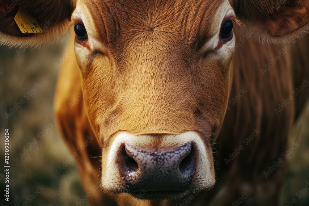 Poster a close-up shot of a brown cow's face with calm expression