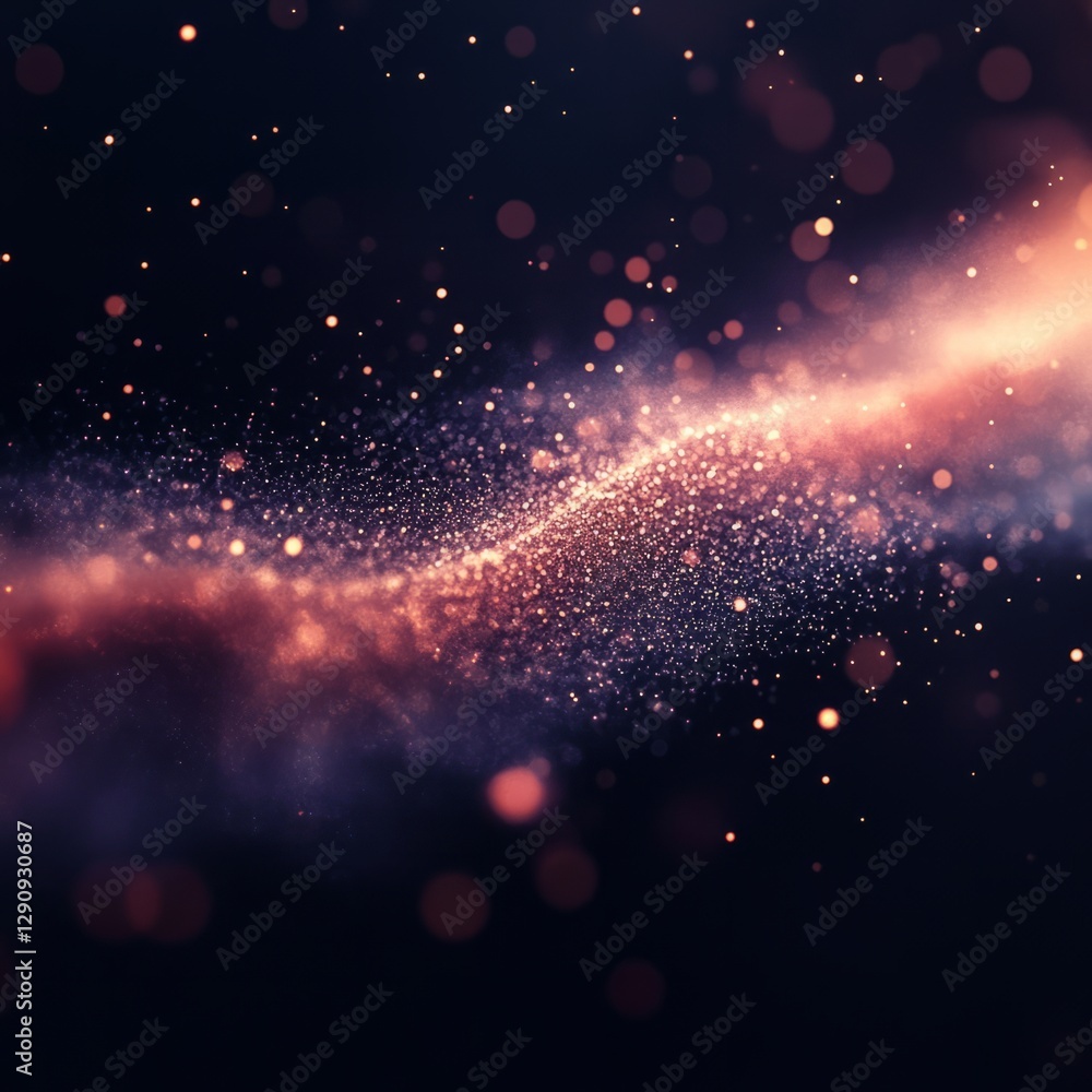 Poster a synchronized movement of 75 glowing particles, gently floating through space in one direction, emi