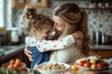 A mother hugs her child in a cozy kitchen setting