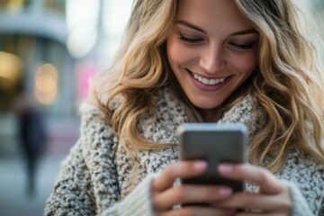 A woman looks at her cell phone with a smile, possibly reading or messaging