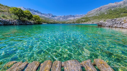 Crystal-clear lagoon, mountain backdrop, wooden dock, summer vacation travel