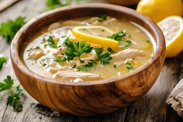 Delicious chicken soup in a wooden bowl, garnished with lemon and parsley. Perfect for showcasing comfort food, healthy eating, or restaurant menus.