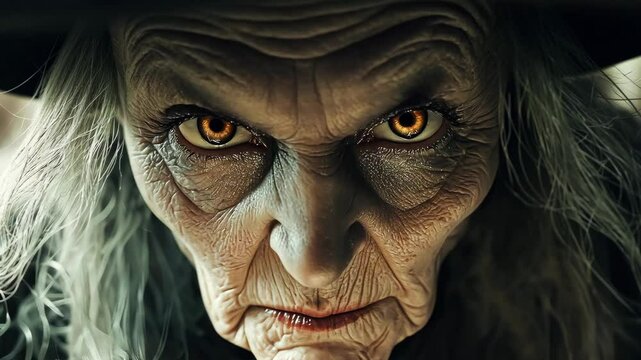 Old and scary witch with a big hat, old witch in a black dress and a magic hat. Halloween	