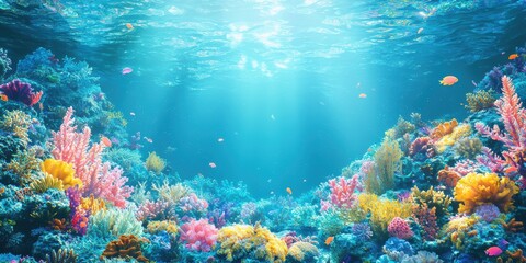 Obraz premium 3d background minimalistic mockup with space for text, colorful coral reef with vibrant marine life swimming through