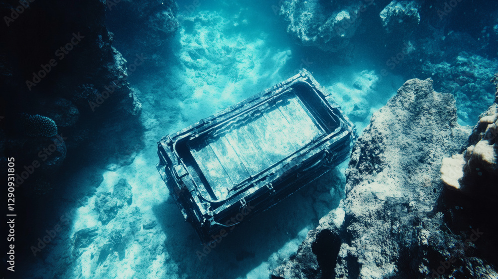 Poster an underwater scene featuring a submerged crate, surrounded by rocks and clear blue water, creating 