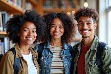 Fototapeta premium Three Young Adults with Curly Hair Smiling in a Cozy Library Setting: A Joyful Representation of Friendship and Community Among Diverse College Students