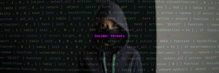 Cyber attack insider threats text in foreground screen, hacker hidden in the blurred background. Vulnerability text in binary system ascii art style, code on editor screen. Text in English