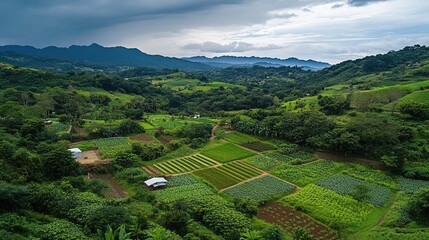 A lush green farm featuring multiple agricultural systems working together, with space for text on sustainable integrated farming.