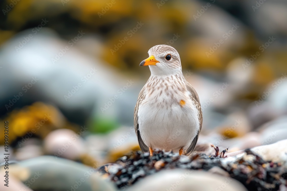 Poster a small bird perched on top of a pile of rocks, with its feathers ruffled and beak open