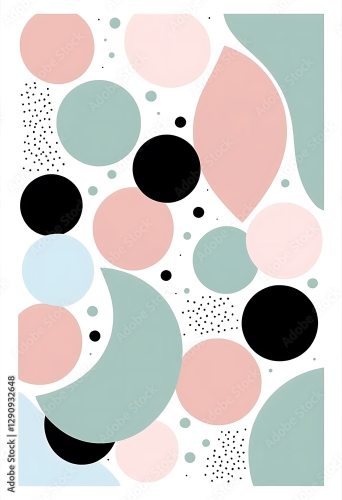 Poster abstract colorful shapes and dots arranged on a white background