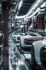 Electric car assembly line with robots assembling sleek vehicles, showcasing innovation, futuristic designs, metallic reflections, and production efficiency in a modern factory