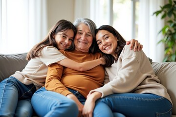 Obraz premium Three Generations of Joy: A Warm Family Moment with a Senior Woman and Her Two Granddaughters Relaxing Together on a Comfortable Couch in a Bright Living Room