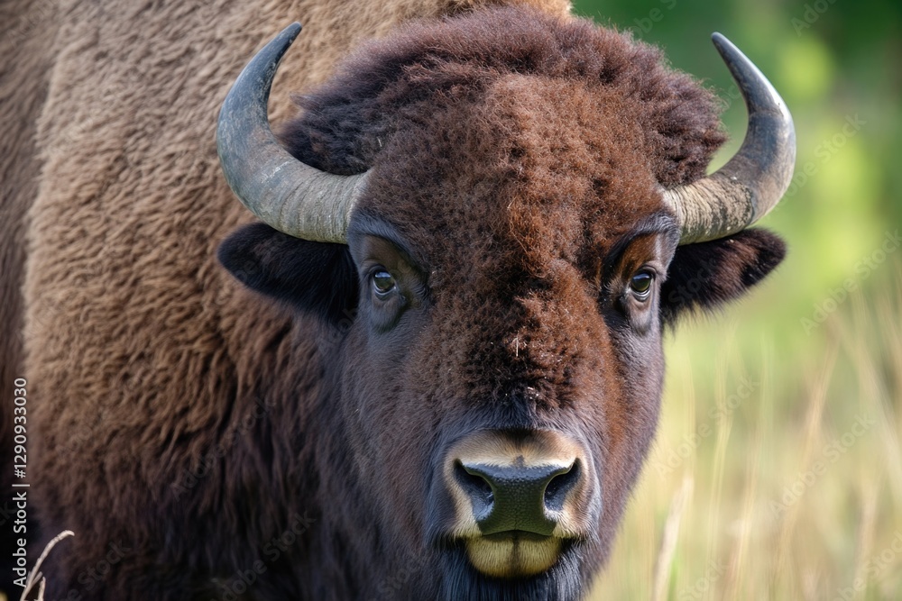 Poster a clear view of a bison's head with prominent horns, suitable for use in wildlife or nature-themed p