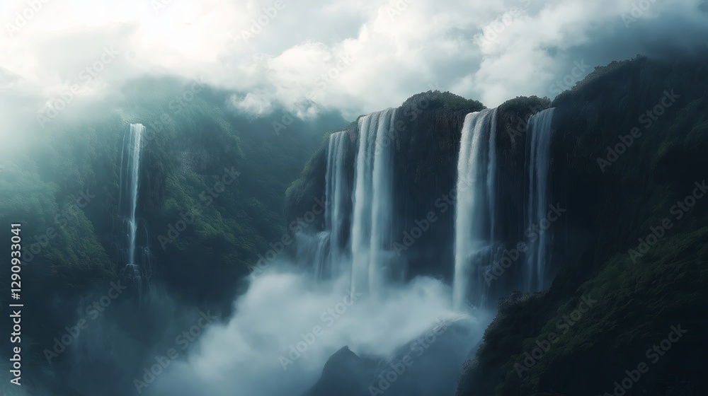 Poster a surreal waterfall flowing into the clouds