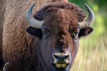 A clear view of a bison's head with prominent horns, suitable for use in wildlife or nature-themed projects