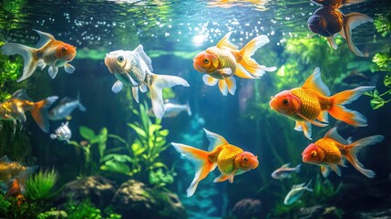 Obraz premium A peaceful scene of freshwater fish like bettas and goldfish swimming gracefully through clear water with aquatic plants, leaving space for text.