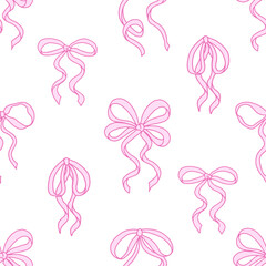 Coquette seamless pattern Pink Ribbon Bow. Pretty Girly bows on white background. Trendy feminine romantic art for greeting cards, textile, fabric, wallpaper, wrapping. Vector Illustration.