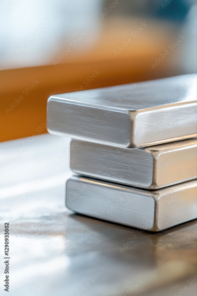 Poster three shiny nickel ingots stacked on each other, reflecting light on a metallic surface, creating a 