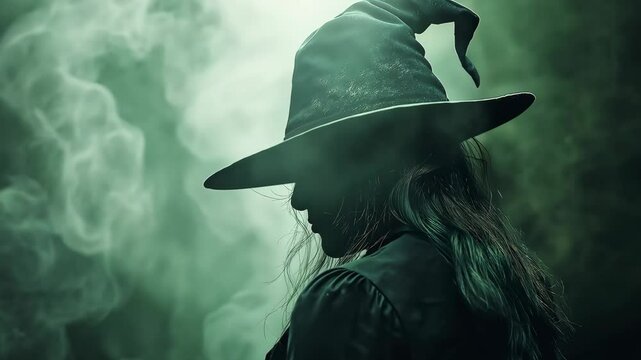 Old and scary witch with a big hat, old witch in a black dress and a magic hat. Halloween	