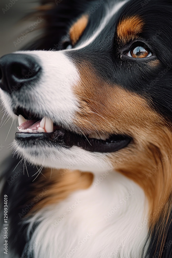 Aufkleber a close-up shot of a dog's face with its mouth open, ideal for capturing emotions and expressions