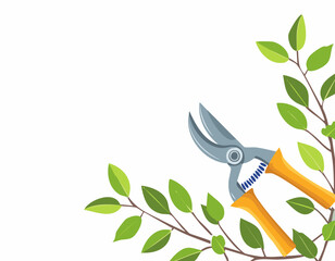 Pruning plant with pruning shears on white background, copy space, home garden theme