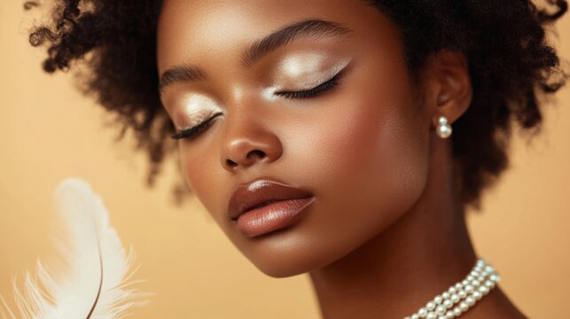 portrait of a beautiful black woman with pearl jewelry and makeu