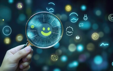 Hand holding magnifying glass on happy face, digital icons