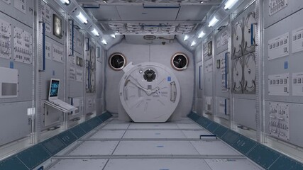 Flythrough of a 3D animated sci-fi space station interior, inspired by futuristic spacecraft like the ISS. This realistic corridor animation is ideal for space-themed projects, science fiction concept