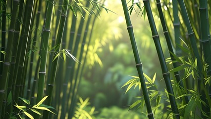 AI GENERATE, peaceful bamboo forest with soft morning sunlight. purpose for background. 