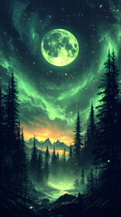Fototapeta premium This image depicts a scenic nighttime landscape featuring a glowing green moon and a majestic forest under a starry sky.