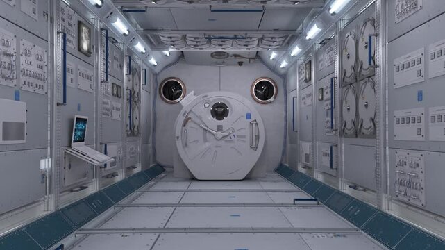 Flythrough of a 3D animated sci-fi space station interior, inspired by futuristic spacecraft like the ISS. This realistic corridor animation is ideal for space-themed projects, science fiction concept