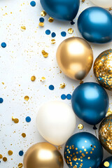 Elegant blue and gold 70th birthday balloons surrounded by gold and blue confetti on a light gray background with ample copy space for text