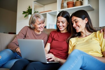 Three Generations of Women Engaged in Technology: A Grandmother, Mother, and Daughter Share Quality Time at Home while Using a Laptop to Explore New Interests