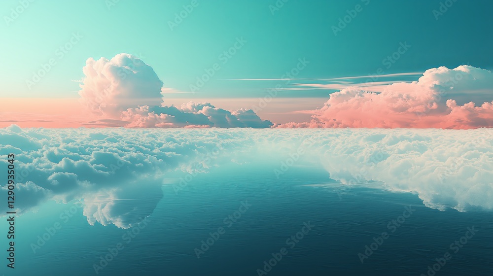 Poster a surreal scene of an upside-down ocean floating in the sky.