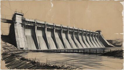 Hydroelectric dam power station for Hydro energy electricity infrastructure Industrial Engineering Technical sketch